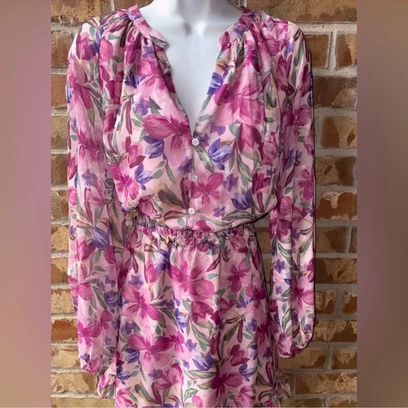 Greylin Floral Pink and Purple Long Sleeve Dress Medium - Picture 8 of 11
